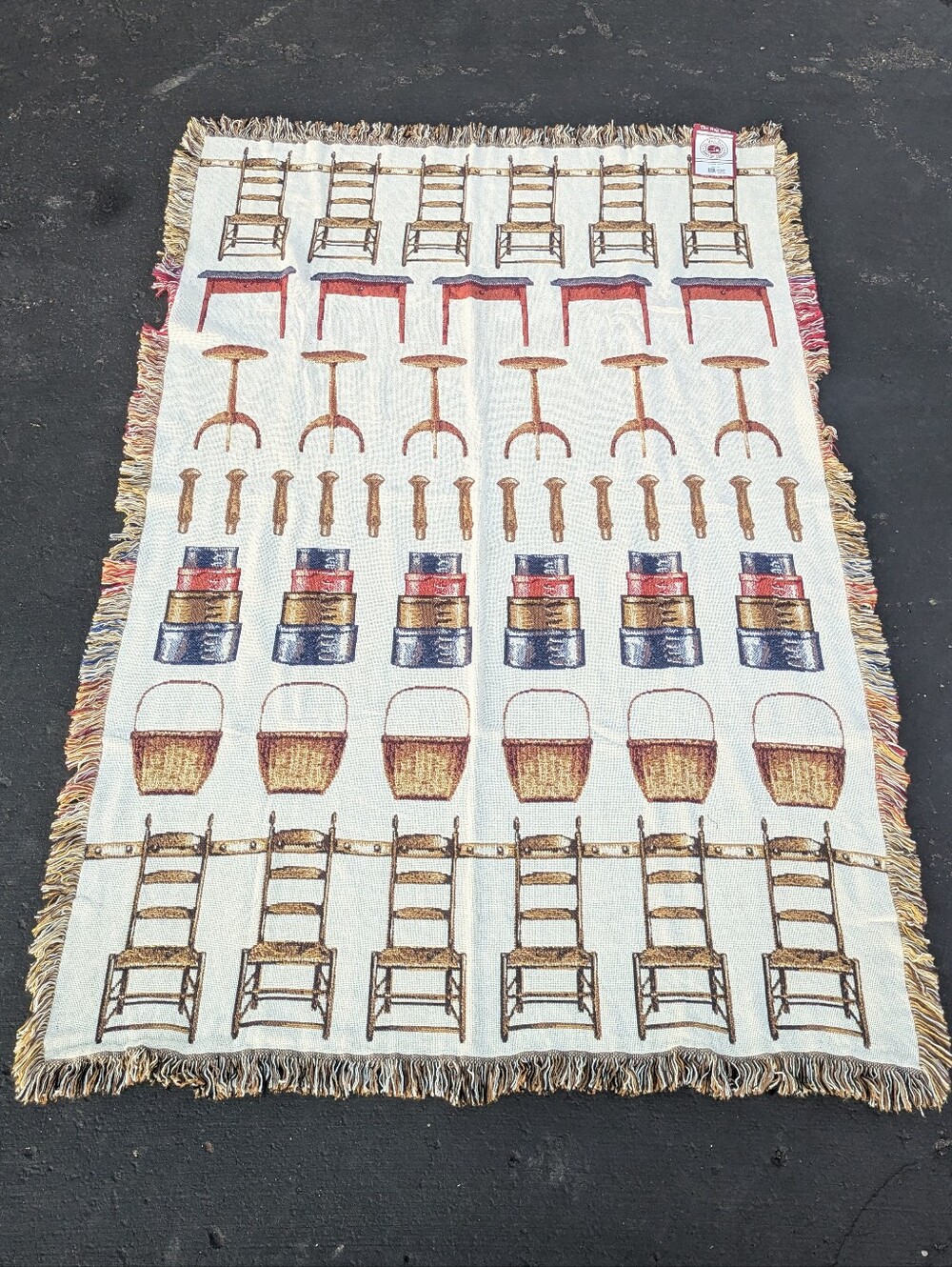 Woven Tapestry Throw with Basket & Chair Motif By The Rug Barn Shaker Style